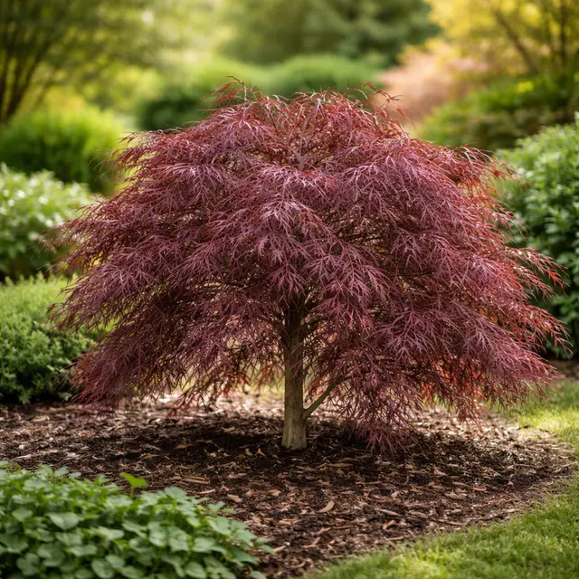 A weeping laceleaf Japanese Maple 'Crimson Queen' forming a low, spreading mound of finely dissected crimson-red foliage in a mulched garden bed.